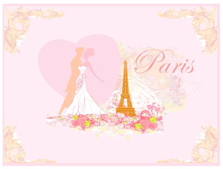 Romantic couple in Paris kissing near the Eiffel Tower. Retro card.