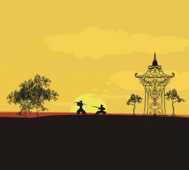 Samurai silhouette in Asian Landscape