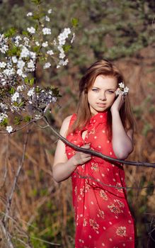 Beautiful girl in a red dress, lying on a log