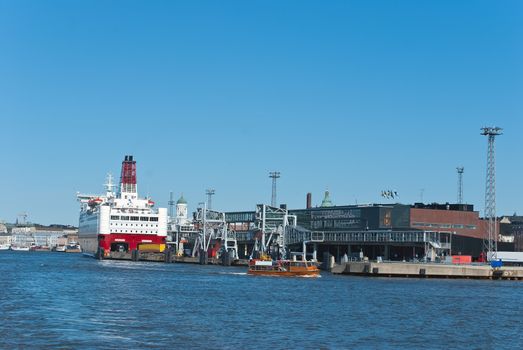 The ship stands in the port city of Helsinki.
