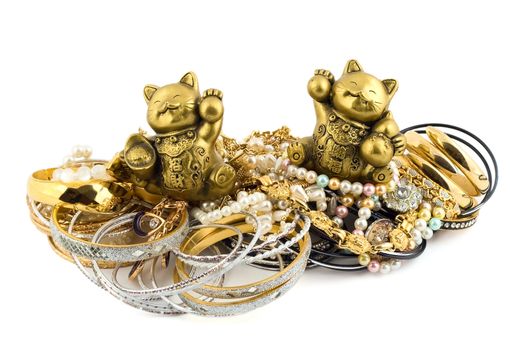 golden lucky cats talismans isolated on white background