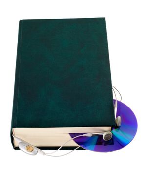 CD with headphones and books on white background