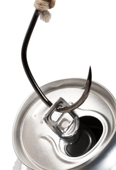 Fishing hook of the tin can isolated on white background