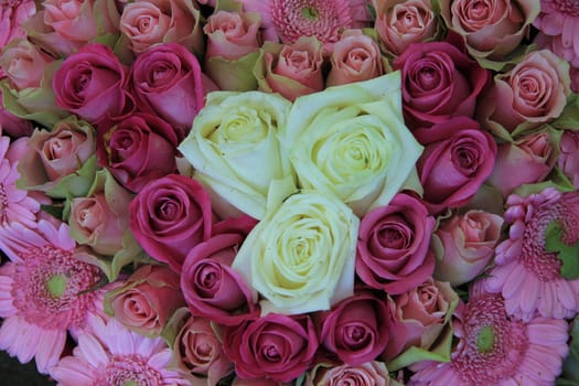 wedding flowers, white and pink flower arrangement, roses and gerberas