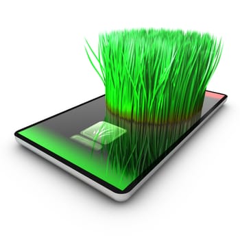 A smartphone application is growing grass. Ecological concept.