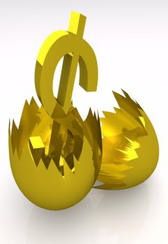 Concept of cracked golden egg with golden Dollar inside. Rendered on white background.