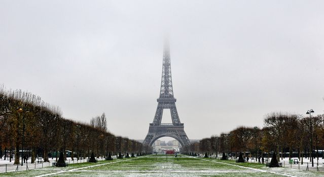 Paris - France Eiffel Tower. Long view, park included.