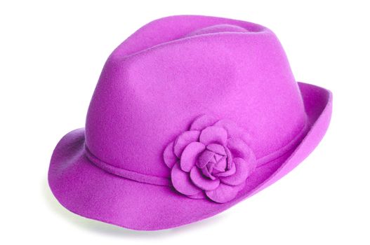 a pink felt hat with a flower on it.