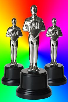 silver trophys on rainbow background with path.