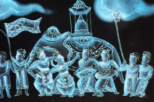 Traditional painting art of Elephant and people in Sri Lanka