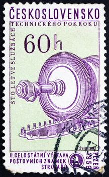 CZECHOSLOVAKIA - CIRCA 1959: a stamp printed in the Czechoslovakia shows Part of Steam Condenser Turbine, Centenary of the Skoda Armament Works, circa 1959