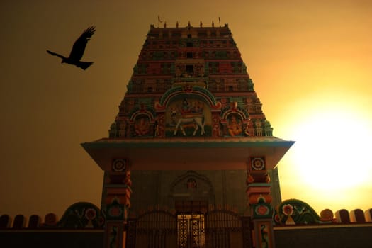 A silhouette of a bird flying in front of an ancient Hindu temple, on the backdrop of the setting sun.
