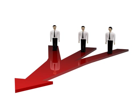 Three persons stand on a red arrow