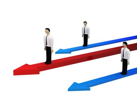 Three persons stand on a colored arrows