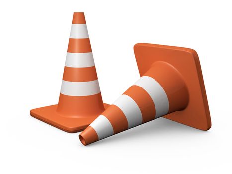 Two orange highway traffic cones with white stripes on white background.