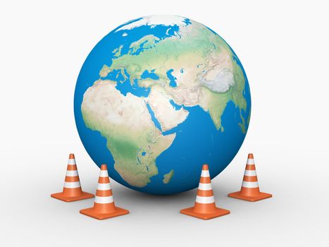 Orange highway traffic cones with white stripes around the world on white background.