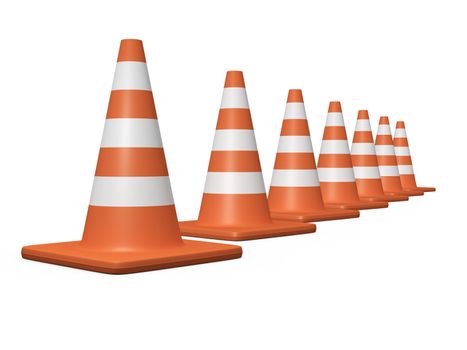 Arranged orange highway traffic cone with white stripes. High resolution on white background.