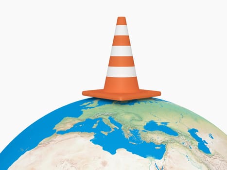 Orange highway traffic cone with white stripes on the world. High resolution on white background.