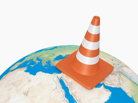 Orange highway traffic cone with white stripes on the world. High resolution on white background.