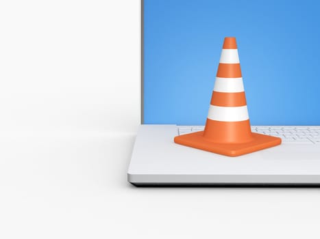 Orange highway traffic cone with white stripes around the laptop. High resolution image on white background.