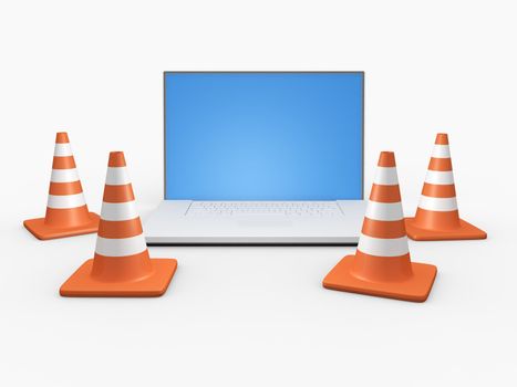 Orange highway traffic cone with white stripes around the laptop. High resolution image on white background.
