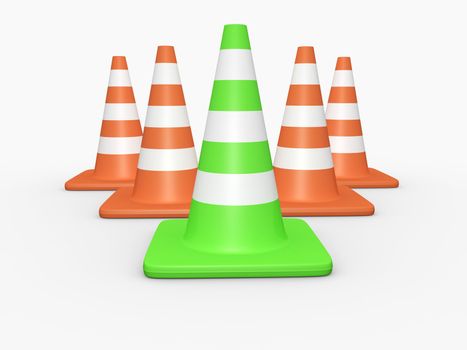 Green traffic cone leader concept. High resolution image on white background.