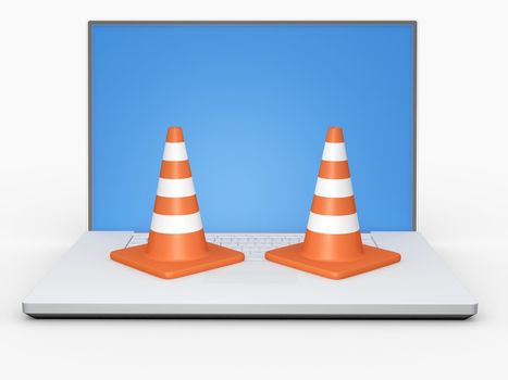 Orange highway traffic cone with white stripes around the laptop. High resolution image on white background.