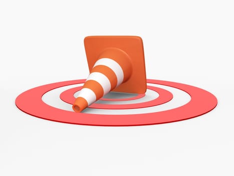 Orange highway traffic cone with white stripes on red target. High resolution image on white background.
