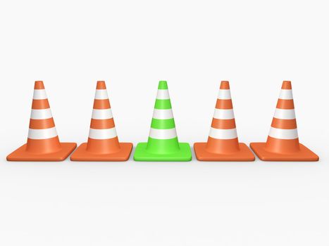 Green traffic cone is standing out from the crowd. High resolution image on white background.