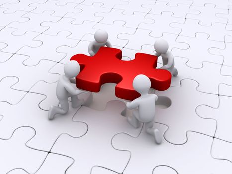 Four 3d people completing the puzzle
