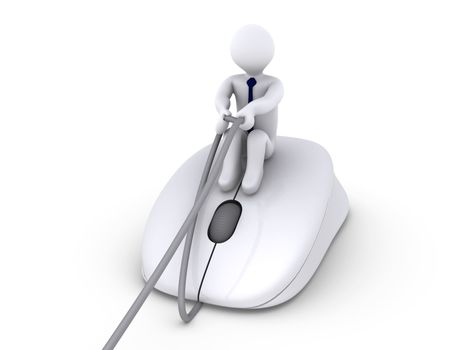 3d businessman sitting on mouse and holding cable