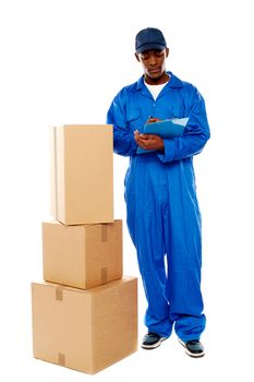 Delivery boy at work. Kindly accept your goods. All on white background