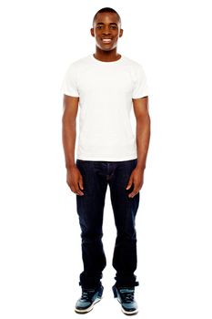 Full length portrait of casual adult man isolated against white background