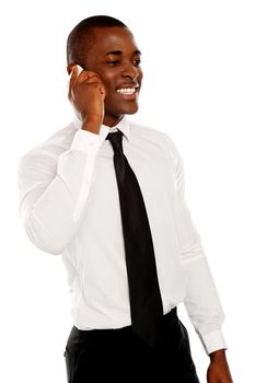 Businessman in conversation with his client through phone call. All on white background