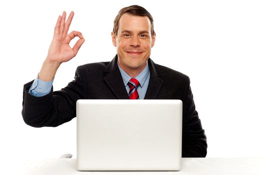 Attractive businessperson showing okay gesture to camera while working on laptop