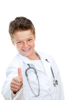 Concept Portrait of young handsome future doctor with thumbs up.Isolated