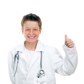 Concept Portrait of future doctorshowing thumbs up.Isolated on white background