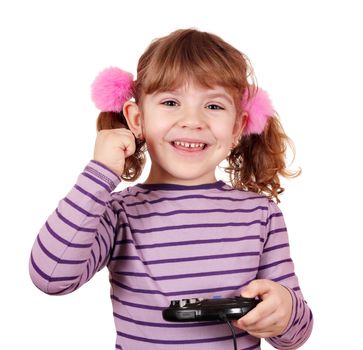 happy little girl play video game and win