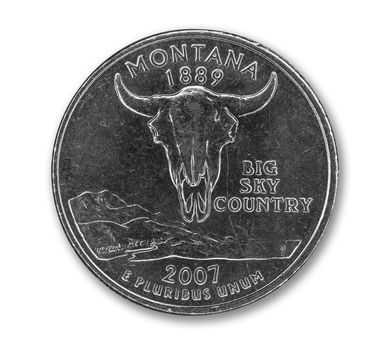 United States Montana quarter dollar coin on white with path outline