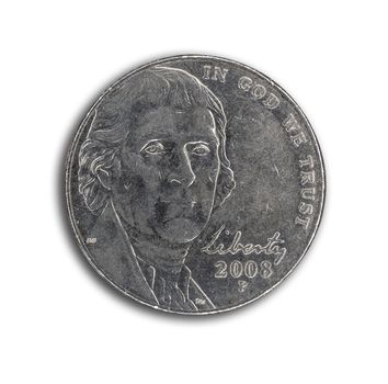 US nickel on white background with path