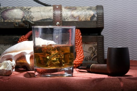 A glass of old whisky on the rocks