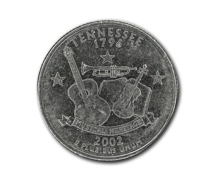 United States Tennessee quarter dollar coin on white with path outline