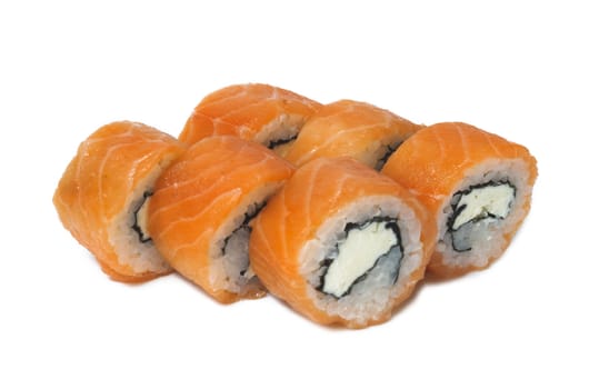 Various kinds of sushi and sashimi on white background