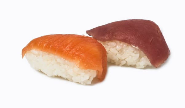 Various kinds of sushi and sashimi on white background