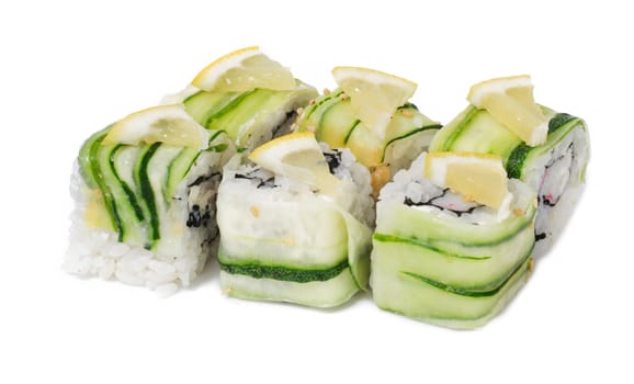 Various kinds of sushi and sashimi on white background