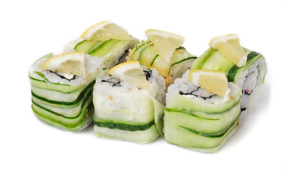 Various kinds of sushi and sashimi on white background