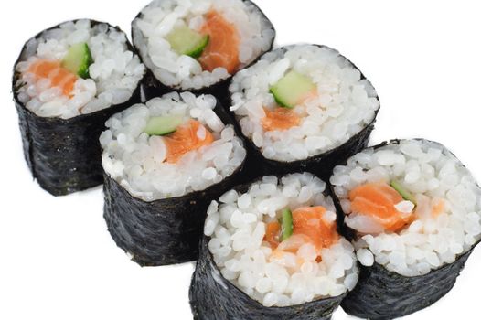 Various kinds of sushi and sashimi on white background