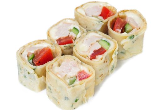 Various kinds of sushi and sashimi on white background