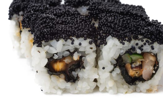 Various kinds of sushi and sashimi on white background