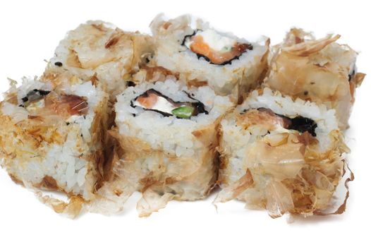 Various kinds of sushi and sashimi on white background
